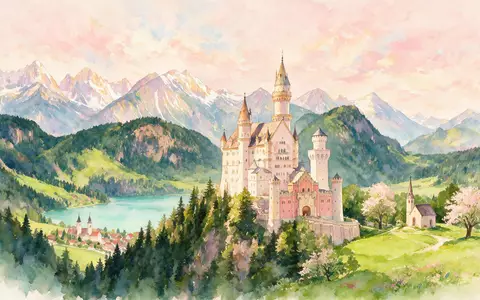 Aquarellillustration des Wahrzeichens Schloss Neuschwanstein in Schwangau Deutschland, weiche Farbverläufe und pastelliges Reiseposter-Feeling - Foto: THN