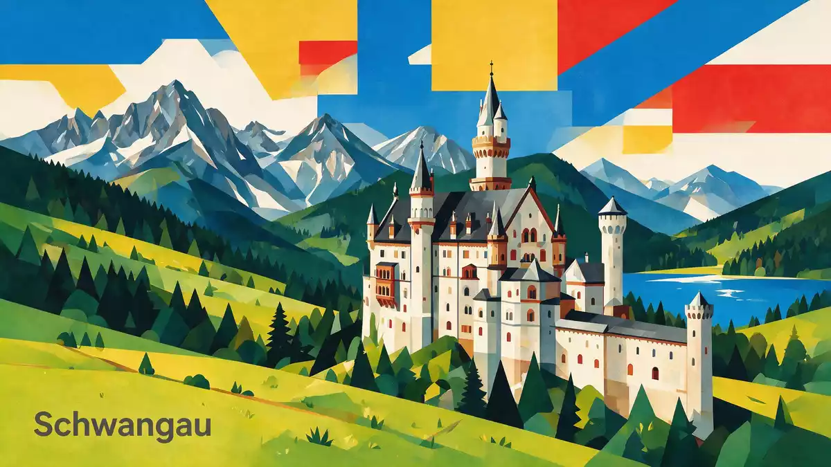 Bauhaus-Poster als Abstraktion von Schloss Neuschwanstein in Schwangau, Deutschland