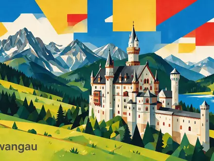 Bauhaus-Poster als geometrische Abstraktion von Schloss Neuschwanstein in Schwangau Deutschland, kraeftige Grundfarben und harte Formkanten - Foto: THN