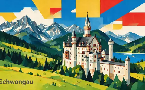 Bauhaus-Poster als geometrische Abstraktion von Schloss Neuschwanstein in Schwangau Deutschland, kraeftige Grundfarben und harte Formkanten - Foto: THN