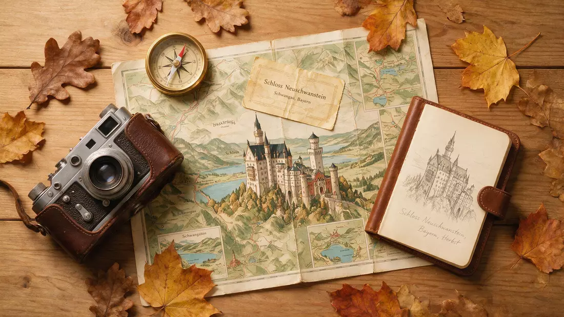 Flatlay-Reise-Arrangement rund um Schloss Neuschwanstein in Schwangau, Deutschland