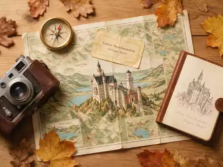 Flatlay-Reise-Arrangement rund um Schloss Neuschwanstein in Schwangau Deutschland, Karte Kompass Kamera und generische Reiserequisiten - Foto: THN