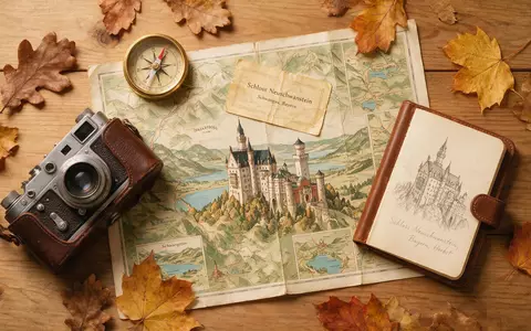 Flatlay-Reise-Arrangement rund um Schloss Neuschwanstein in Schwangau Deutschland, Karte Kompass Kamera und generische Reiserequisiten - Foto: THN