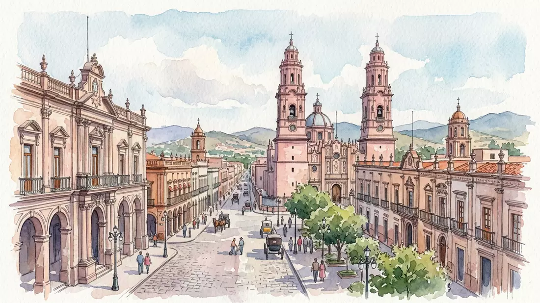 Aquarell-Illustration von Morelia Altstadt in Morelia, Mexiko als Reiseposter