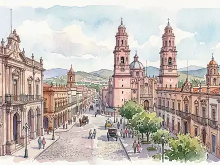 Aquarellillustration des Wahrzeichens Morelia Altstadt in Morelia Mexiko, weiche Farbverläufe und pastelliges Reiseposter-Feeling - Foto: THN