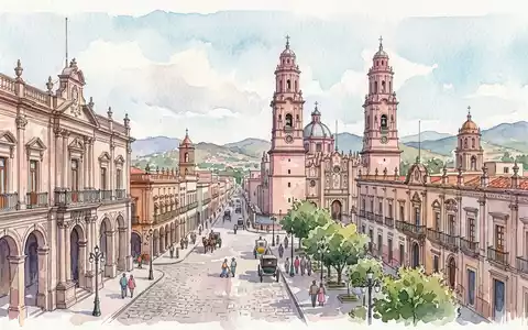 Aquarellillustration des Wahrzeichens Morelia Altstadt in Morelia Mexiko, weiche Farbverläufe und pastelliges Reiseposter-Feeling - Foto: THN