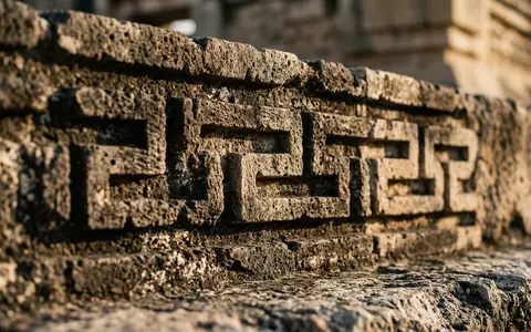 Extreme Makroaufnahme eines Materialdetails am Wahrzeichen Mitla in Oaxaca Mexiko, taktile Struktur und weiches Seitenlicht - Foto: THN