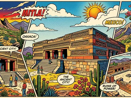 Pop-Art-Comicillustration des Wahrzeichens Mitla in Oaxaca Mexiko, kraeftige Konturen Rasterpunkte und satte Farben - Foto: THN
