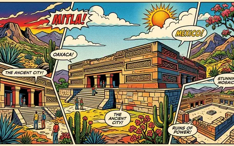 Pop-Art-Comicillustration des Wahrzeichens Mitla in Oaxaca Mexiko, kraeftige Konturen Rasterpunkte und satte Farben - Foto: THN