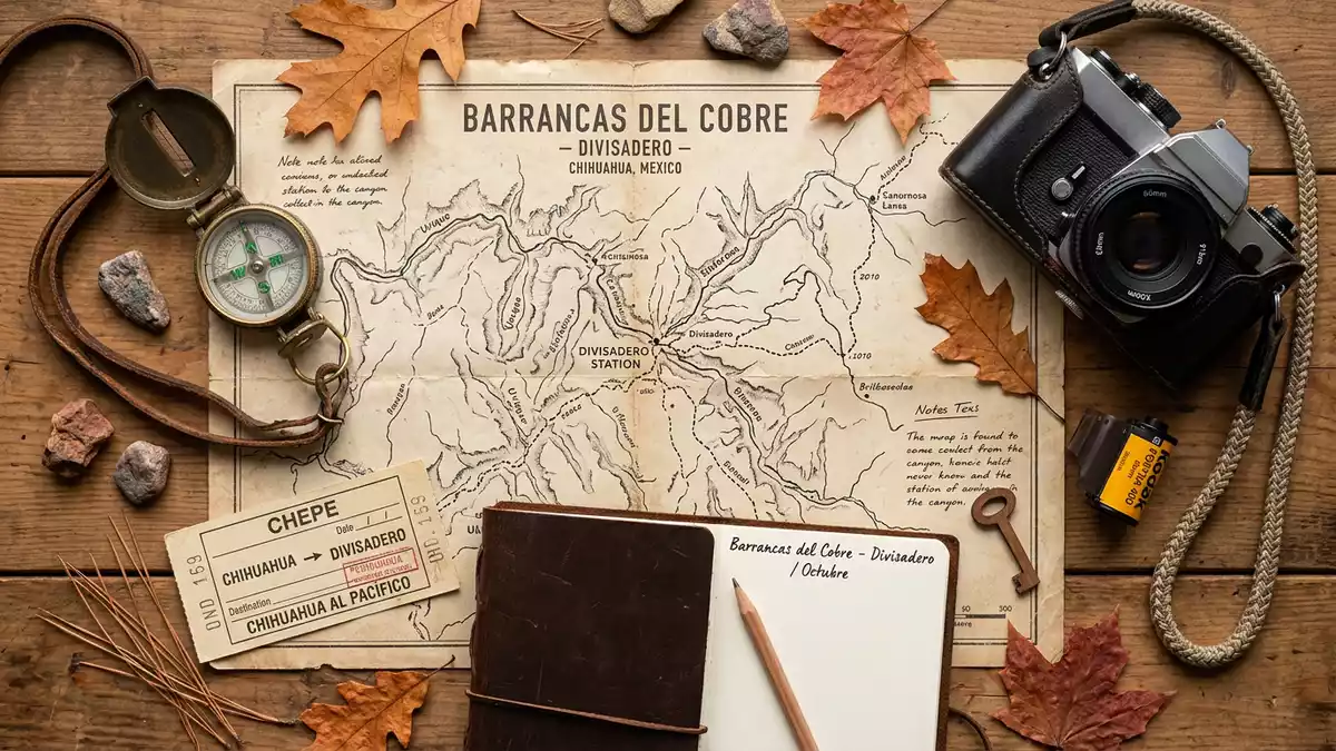 Flatlay-Reise-Arrangement rund um Barranca del Cobre Aussichtspunkt in Divisadero, Mexiko