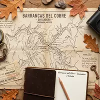 Flatlay-Reise-Arrangement rund um Barranca del Cobre Aussichtspunkt in Divisadero Mexiko, Karte Kompass Kamera und generische - Foto: THN