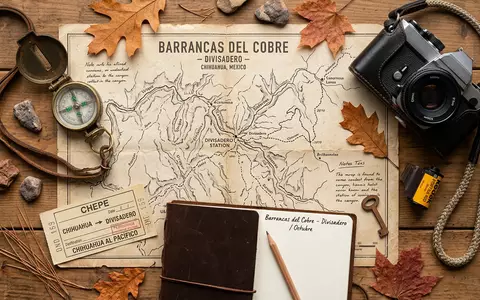 Flatlay-Reise-Arrangement rund um Barranca del Cobre Aussichtspunkt in Divisadero Mexiko, Karte Kompass Kamera und generische - Foto: THN