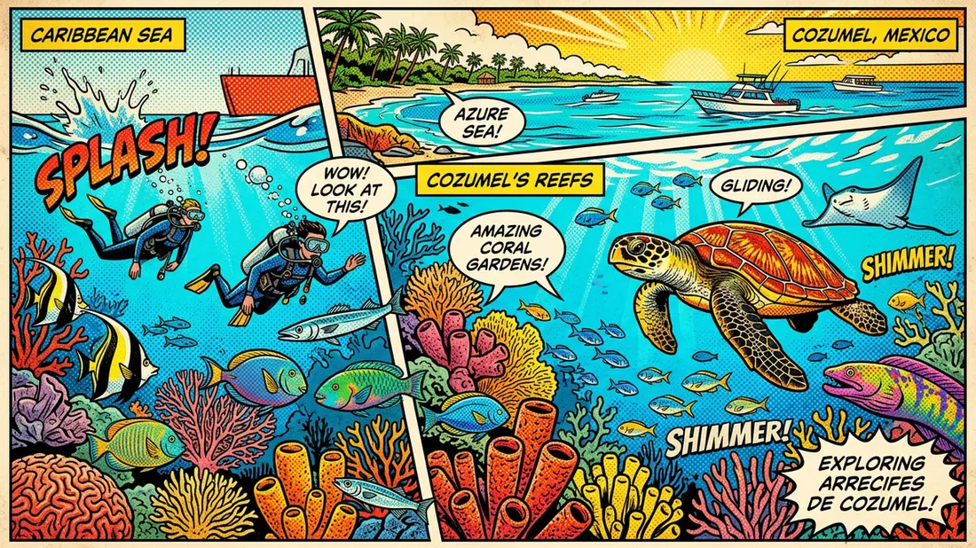 Pop-Art-Comic von Cozumel-Riff in Cozumel, Mexiko mit Rasterpunkten