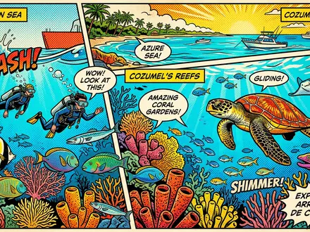 Pop-Art-Comicillustration des Wahrzeichens Cozumel-Riff in Cozumel Mexiko, kraeftige Konturen Rasterpunkte und satte Farben - Foto: THN