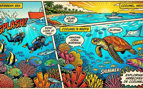Pop-Art-Comicillustration des Wahrzeichens Cozumel-Riff in Cozumel Mexiko, kraeftige Konturen Rasterpunkte und satte Farben - Foto: THN