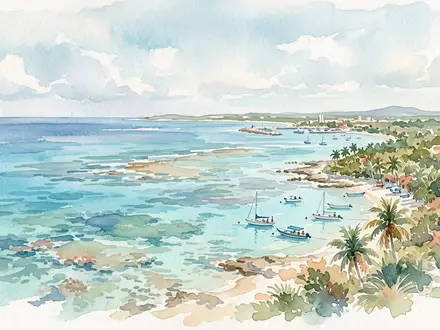 Aquarellillustration des Wahrzeichens Cozumel-Riff in Cozumel Mexiko, weiche Farbverläufe und pastelliges Reiseposter-Feeling - Foto: THN