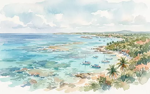 Aquarellillustration des Wahrzeichens Cozumel-Riff in Cozumel Mexiko, weiche Farbverläufe und pastelliges Reiseposter-Feeling - Foto: THN