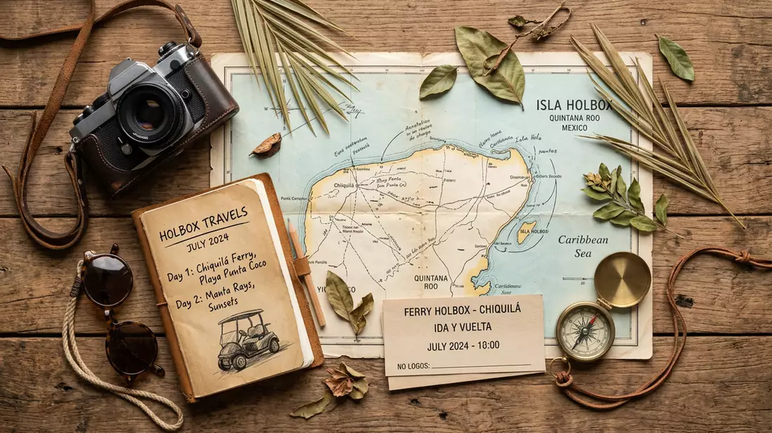 Flatlay-Reise-Arrangement rund um Isla Holbox in Holbox, Mexiko
