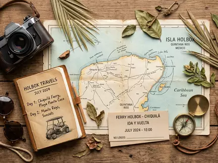 Flatlay-Reise-Arrangement rund um Isla Holbox in Holbox Mexiko, Karte Kompass Kamera und generische Reiserequisiten - Foto: THN