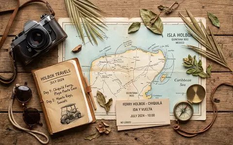 Flatlay-Reise-Arrangement rund um Isla Holbox in Holbox Mexiko, Karte Kompass Kamera und generische Reiserequisiten - Foto: THN