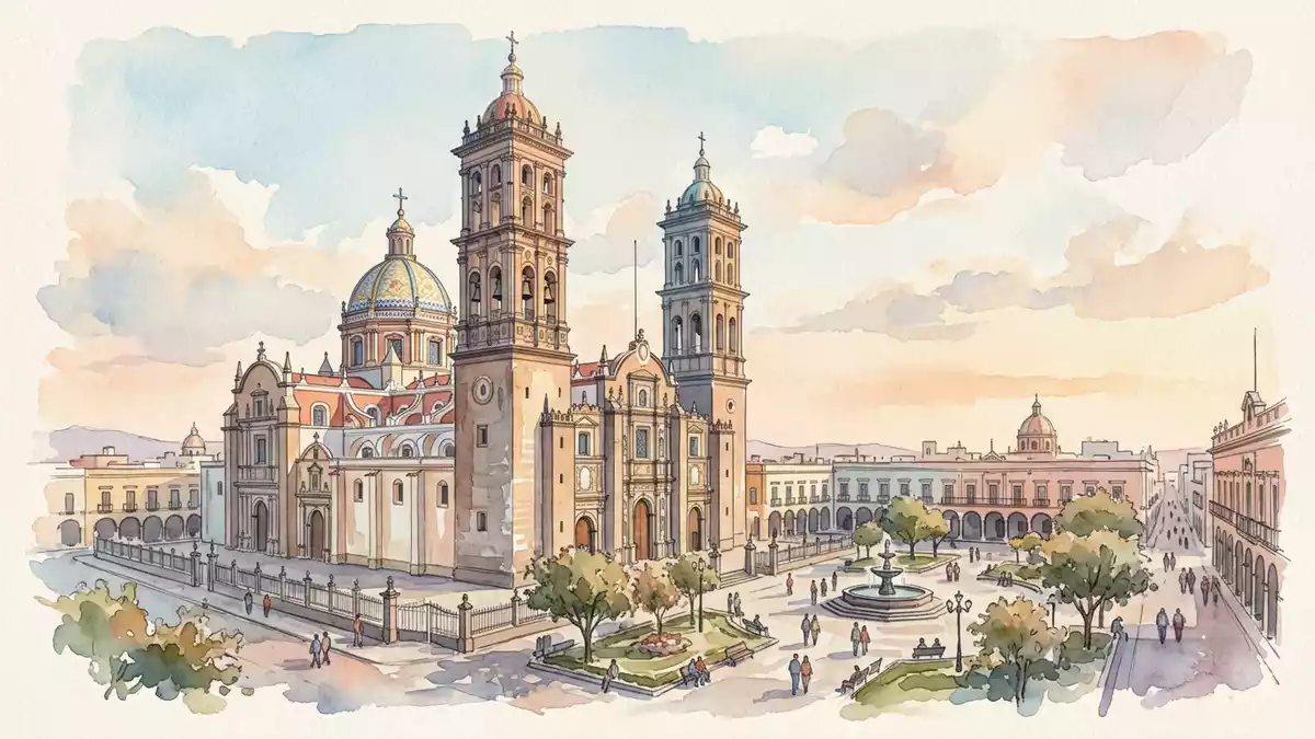 Aquarell-Illustration von Kathedrale von Puebla in Puebla, Mexiko als Reiseposter