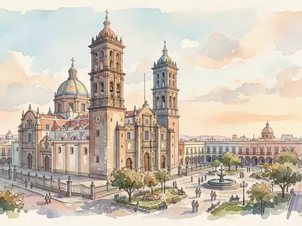 Aquarellillustration des Wahrzeichens Kathedrale von Puebla in Puebla Mexiko, weiche Farbverläufe und pastelliges Reiseposter-Feeling - Foto: THN
