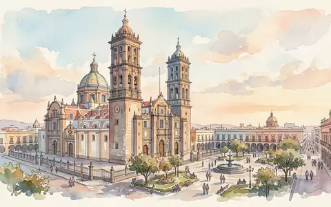 Aquarellillustration des Wahrzeichens Kathedrale von Puebla in Puebla Mexiko, weiche Farbverläufe und pastelliges Reiseposter-Feeling - Foto: THN