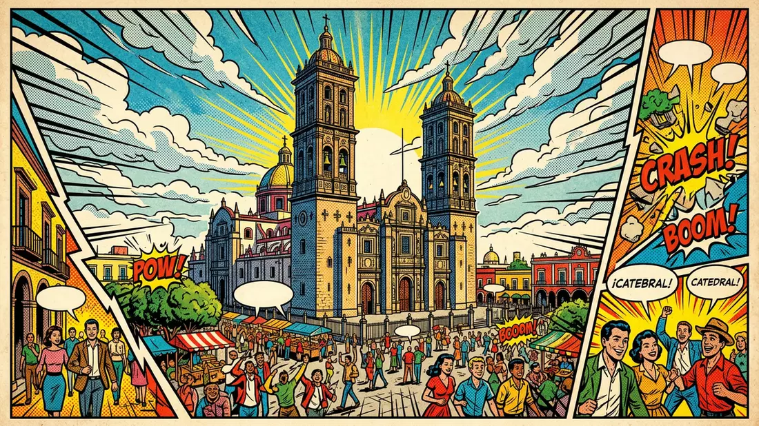 Pop-Art-Comic von Kathedrale von Puebla in Puebla, Mexiko mit Rasterpunkten