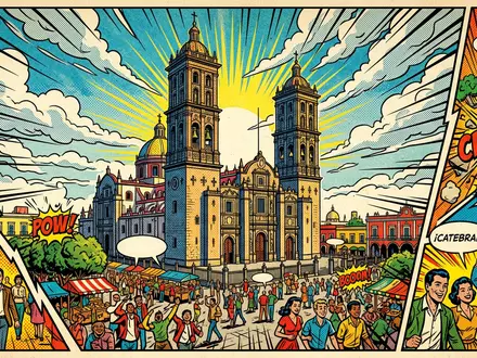 Pop-Art-Comicillustration des Wahrzeichens Kathedrale von Puebla in Puebla Mexiko, kraeftige Konturen Rasterpunkte und satte Farben - Foto: THN