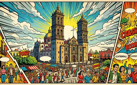 Pop-Art-Comicillustration des Wahrzeichens Kathedrale von Puebla in Puebla Mexiko, kraeftige Konturen Rasterpunkte und satte Farben - Foto: THN
