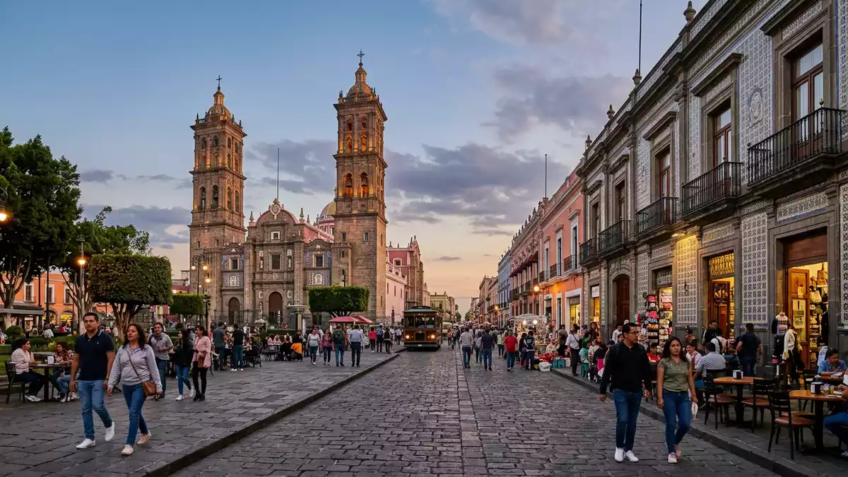 Editorial-Reisemagazinbild vom Wahrzeichen Puebla Altstadt in Puebla, Mexiko
