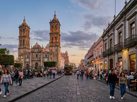 Editorialbild im Reisemagazin-Stil vom Wahrzeichen Puebla Altstadt in Puebla Mexiko, ausgewogene Bildgestaltung und natuerliches Umgebungslicht - Foto: THN