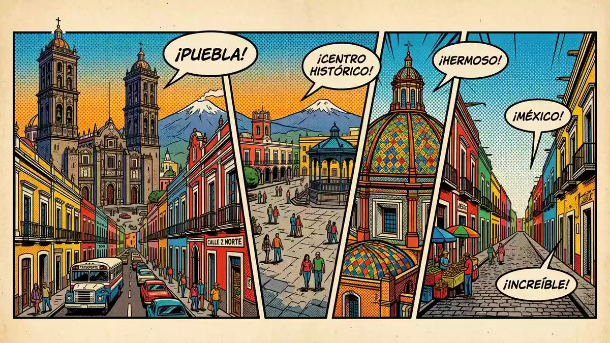 Pop-Art-Comic von Puebla Altstadt in Puebla, Mexiko mit Rasterpunkten