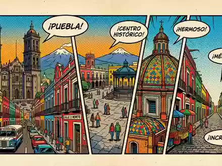 Pop-Art-Comicillustration des Wahrzeichens Puebla Altstadt in Puebla Mexiko, kraeftige Konturen Rasterpunkte und satte Farben - Foto: THN