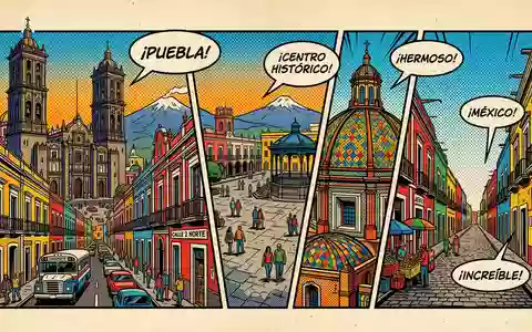 Pop-Art-Comicillustration des Wahrzeichens Puebla Altstadt in Puebla Mexiko, kraeftige Konturen Rasterpunkte und satte Farben - Foto: THN