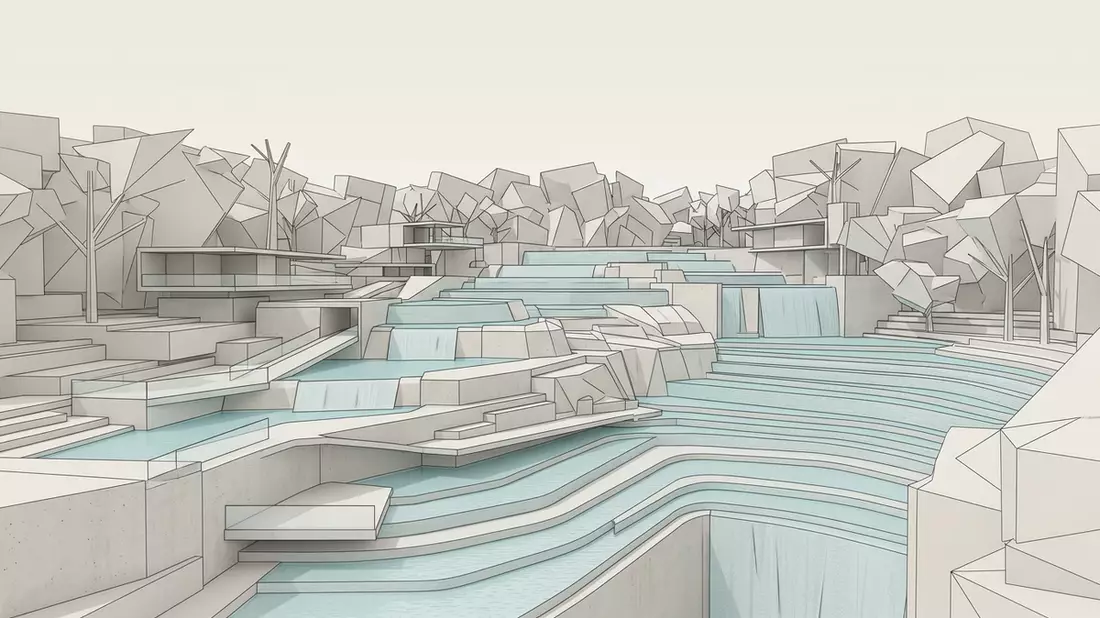Architektur-Render von Wasserfalle Agua Azul in Chiapas, Mexiko bei Tageslicht