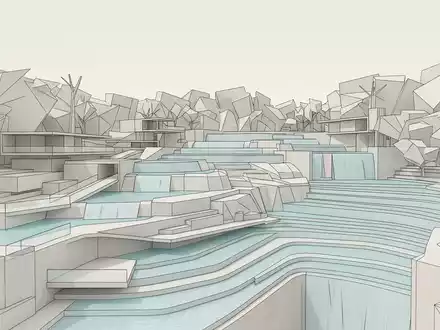 Moderner Architektur-Render zeigt Silhouette von Wasserfalle Agua Azul in Chiapas Mexiko, klare Linien und neutrales - Foto: THN