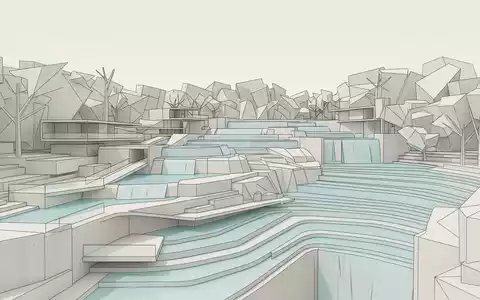 Moderner Architektur-Render zeigt Silhouette von Wasserfalle Agua Azul in Chiapas Mexiko, klare Linien und neutrales - Foto: THN