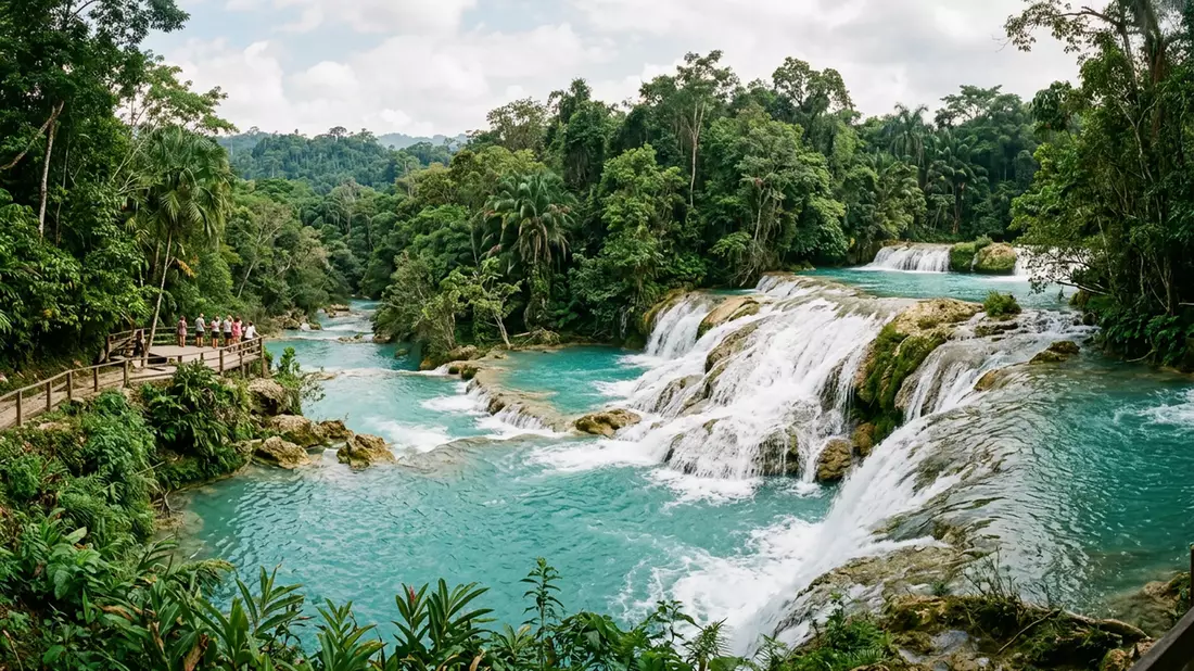 Editorial-Reisemagazinbild vom Wahrzeichen Wasserfalle Agua Azul in Chiapas, Mexiko