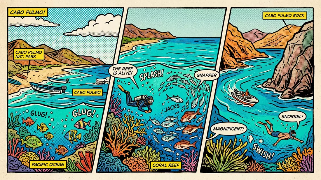 Pop-Art-Comic von Cabo-Pulmo-Nationalpark in Cabo Pulmo, Mexiko mit Rasterpunkten