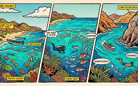 Pop-Art-Comicillustration des Wahrzeichens Cabo-Pulmo-Nationalpark in Cabo Pulmo Mexiko, kraeftige Konturen Rasterpunkte und satte Farben - Foto: THN