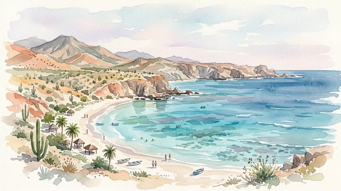 Aquarell-Illustration von Cabo-Pulmo-Nationalpark in Cabo Pulmo, Mexiko als Reiseposter