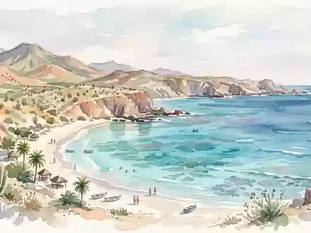 Aquarellillustration des Wahrzeichens Cabo-Pulmo-Nationalpark in Cabo Pulmo Mexiko, weiche Farbverläufe und pastelliges Reiseposter-Feeling - Foto: THN