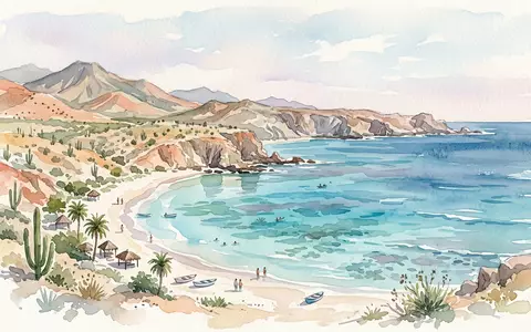 Aquarellillustration des Wahrzeichens Cabo-Pulmo-Nationalpark in Cabo Pulmo Mexiko, weiche Farbverläufe und pastelliges Reiseposter-Feeling - Foto: THN