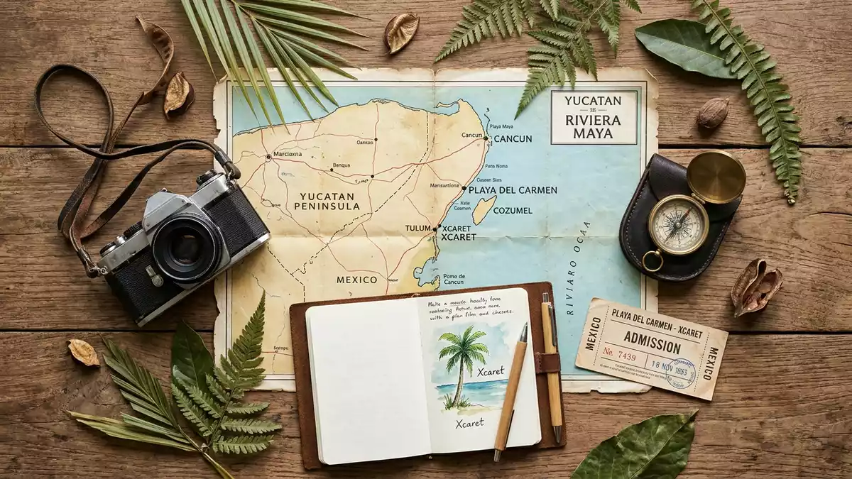 Flatlay-Reise-Arrangement rund um Xcaret Park in Playa del Carmen, Mexiko