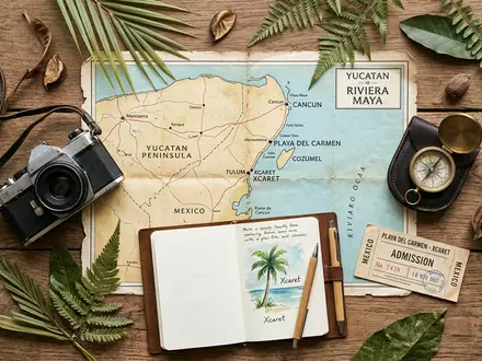 Flatlay-Reise-Arrangement rund um Xcaret Park in Playa del Carmen Mexiko, Karte Kompass Kamera und generische - Foto: THN