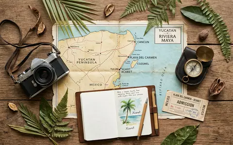 Flatlay-Reise-Arrangement rund um Xcaret Park in Playa del Carmen Mexiko, Karte Kompass Kamera und generische - Foto: THN