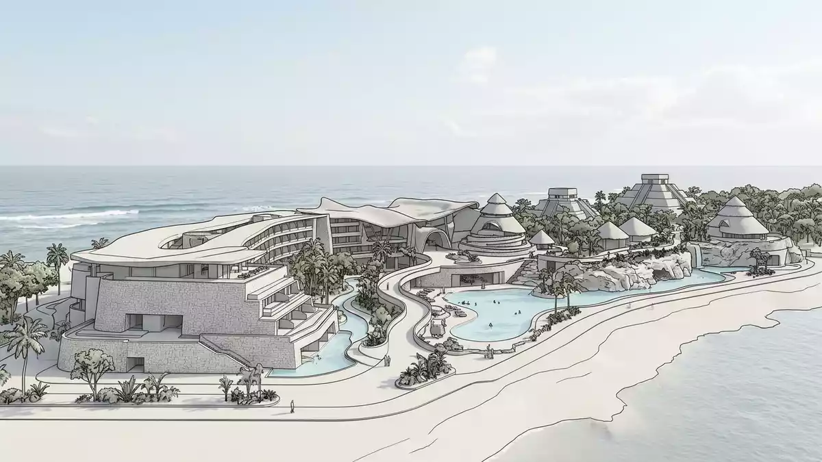 Architektur-Render von Xcaret Park in Playa del Carmen, Mexiko bei Tageslicht
