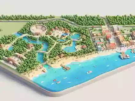 Isometrisches Diorama von Xcaret Park und Umgebung in Playa del Carmen Mexiko, verspielte Low-Poly-Kulisse in - Foto: THN