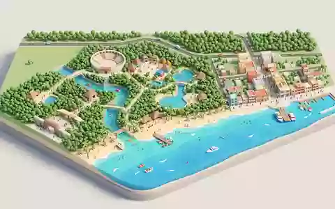 Isometrisches Diorama von Xcaret Park und Umgebung in Playa del Carmen Mexiko, verspielte Low-Poly-Kulisse in - Foto: THN